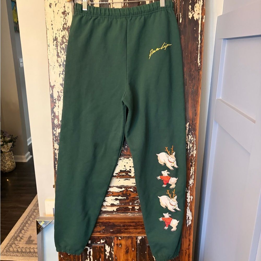 Dua Lipa Adult M Snow Globe Christmas Sweat Pants Joggers Dark Green Holiday